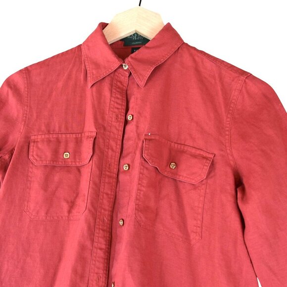 Lauren Ralph Lauren Petite P/P Red 100% Linen Utility Button Shirt Petite Small - Picture 2 of 7